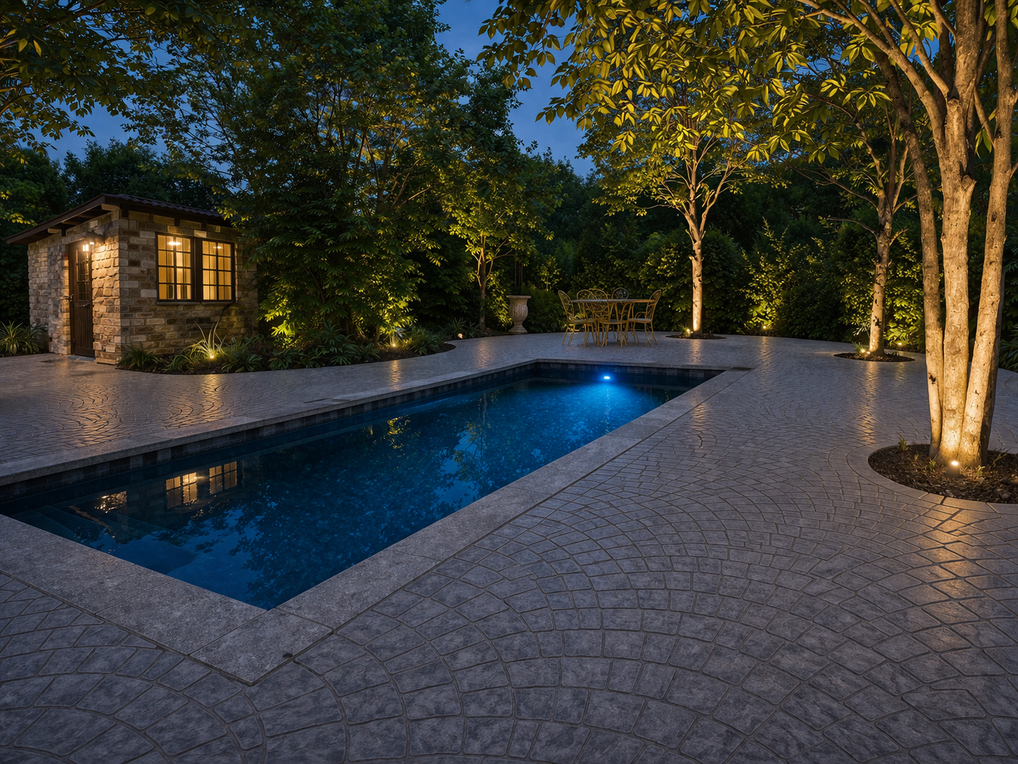 Pool with stamped concrete deck and landscape lighting at night