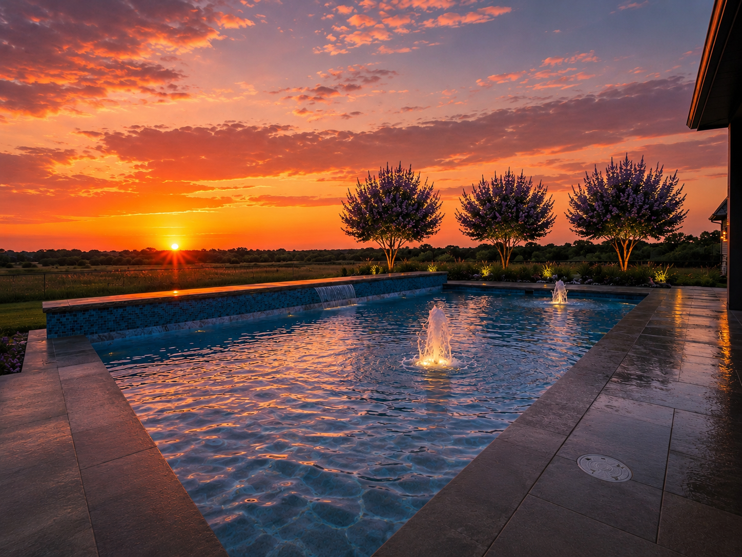 Pool with sunset fountains