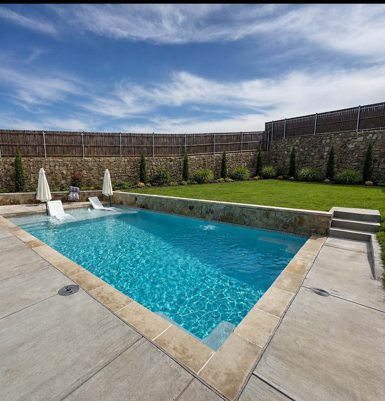 Custom backyard pool with stone wall and landscaping by Omega Pools NTX